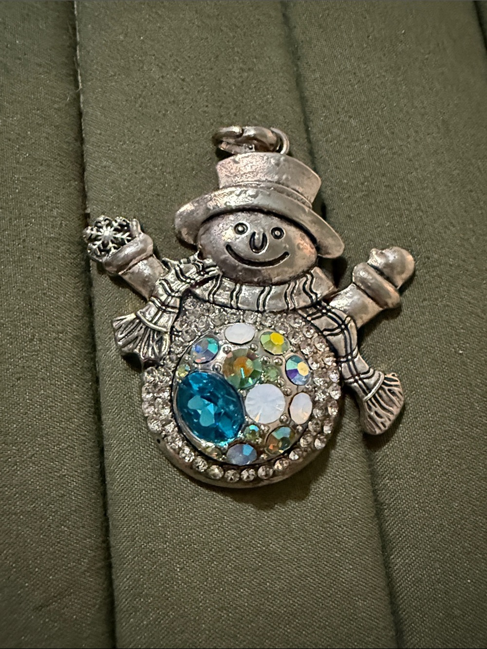 Silver Snowman Key & Card Holder Charm with Blue Crystal Accent